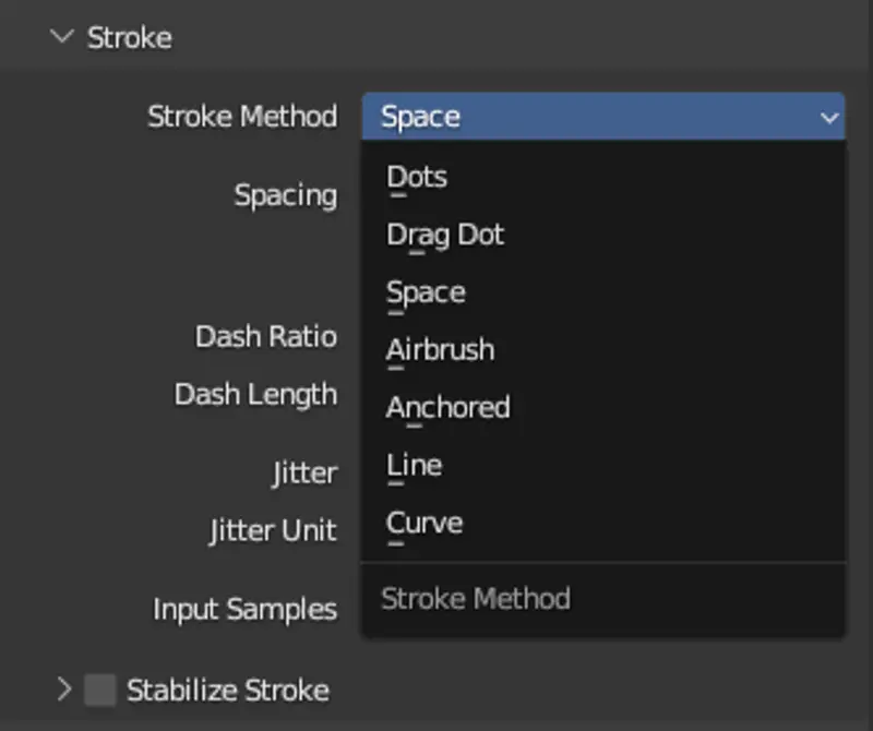 Example of choosing the stroke method in Blender Texture painting