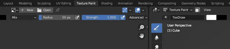 Example of Blenders topbar menu for texture painting
