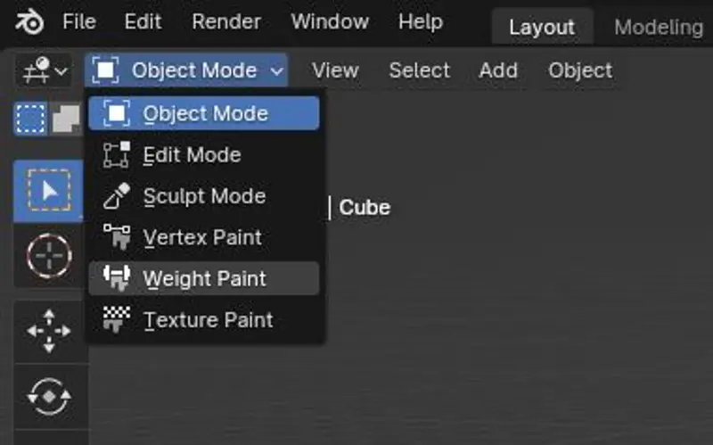 Weight Paint mode in menu in blender